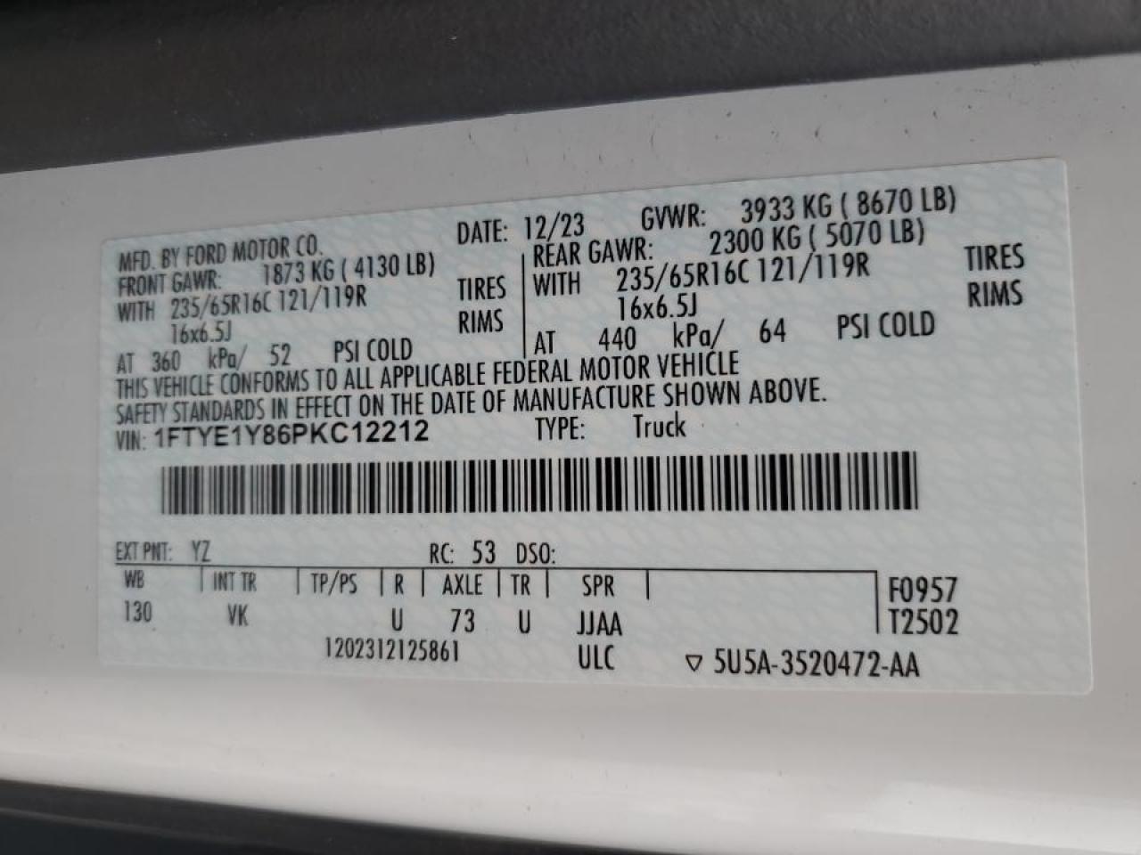 2023 Ford Transit 150 Delivery Van VIN: 1FTYE1Y86PKC12212 Lot: 89721985