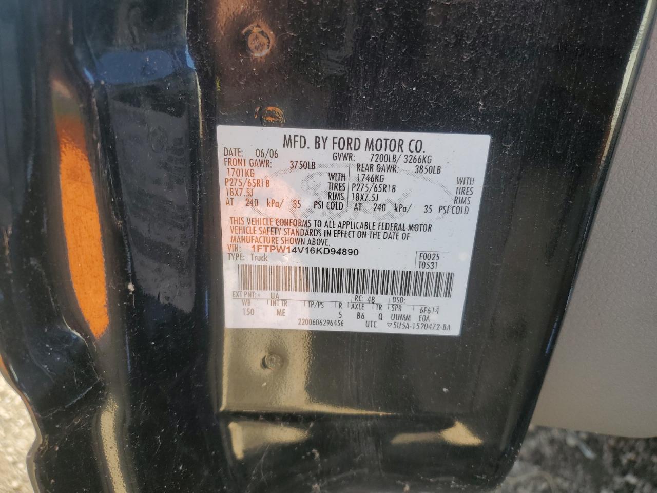 2006 Ford F150 Supercrew VIN: 1FTPW14V16KD94890 Lot: 82426545