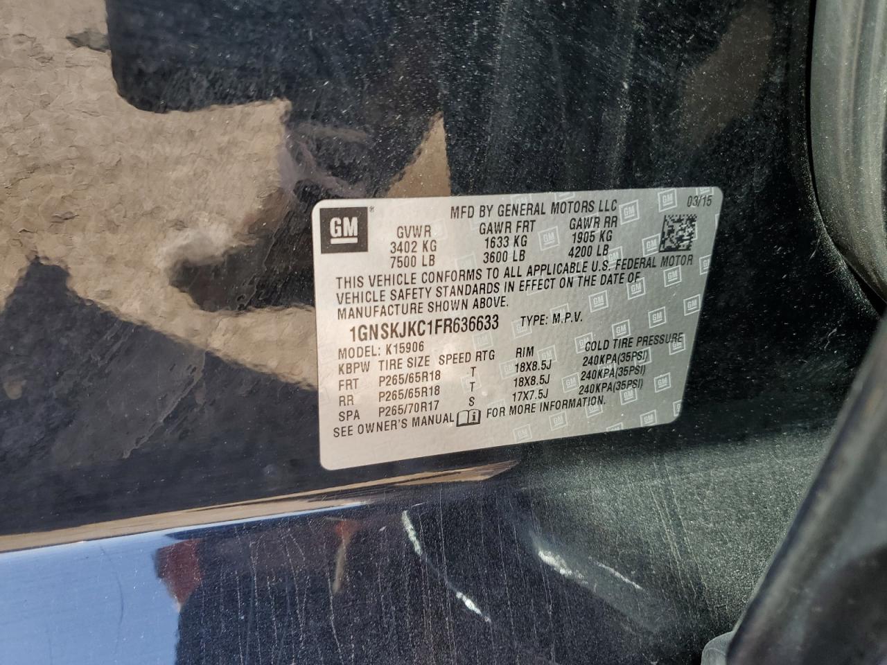 2015 Chevrolet Suburban K1500 Lt VIN: 1GNSKJKC1FR636633 Lot: 86623035