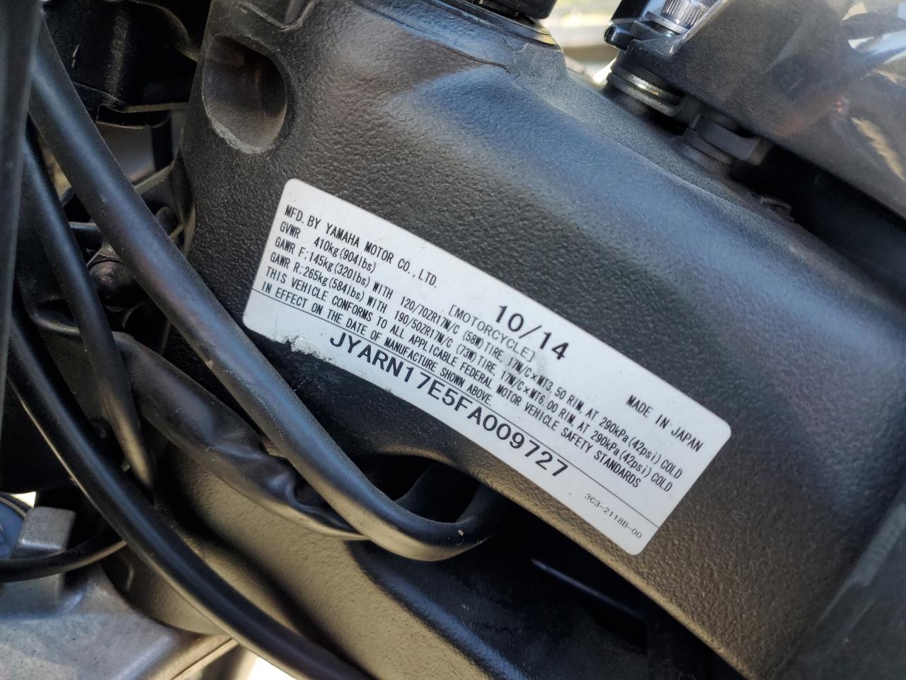 2015 Yamaha Fz1 S VIN: JYARN17E5FA009727 Lot: 84613125