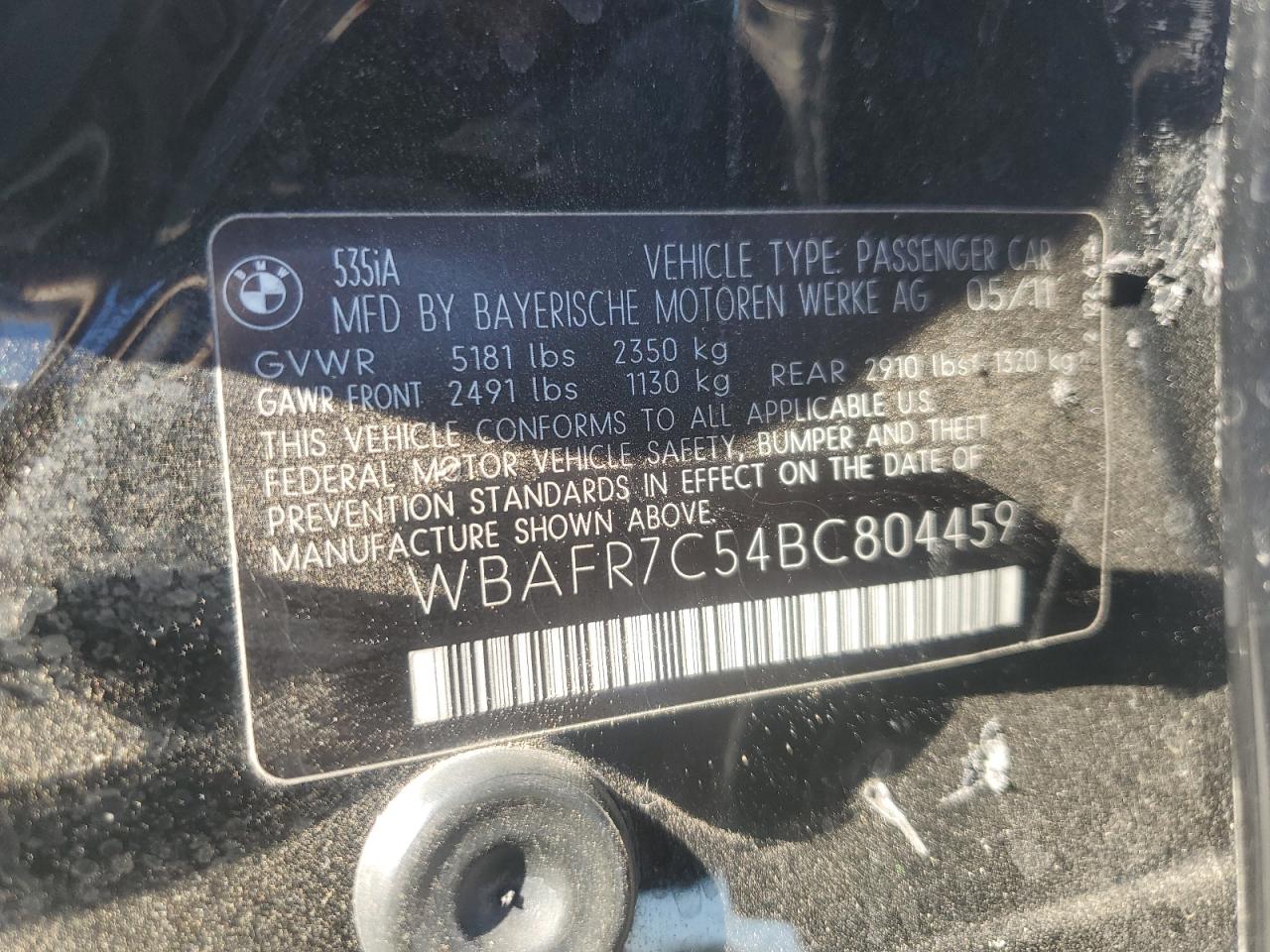 2011 BMW 535 I VIN: WBAFR7C54BC804459 Lot: 82294835