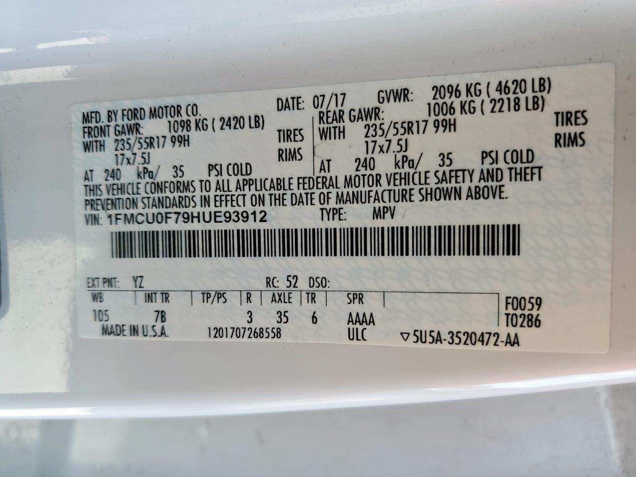 2017 Ford Escape S VIN: 1FMCU0F79HUE93912 Lot: 85382325