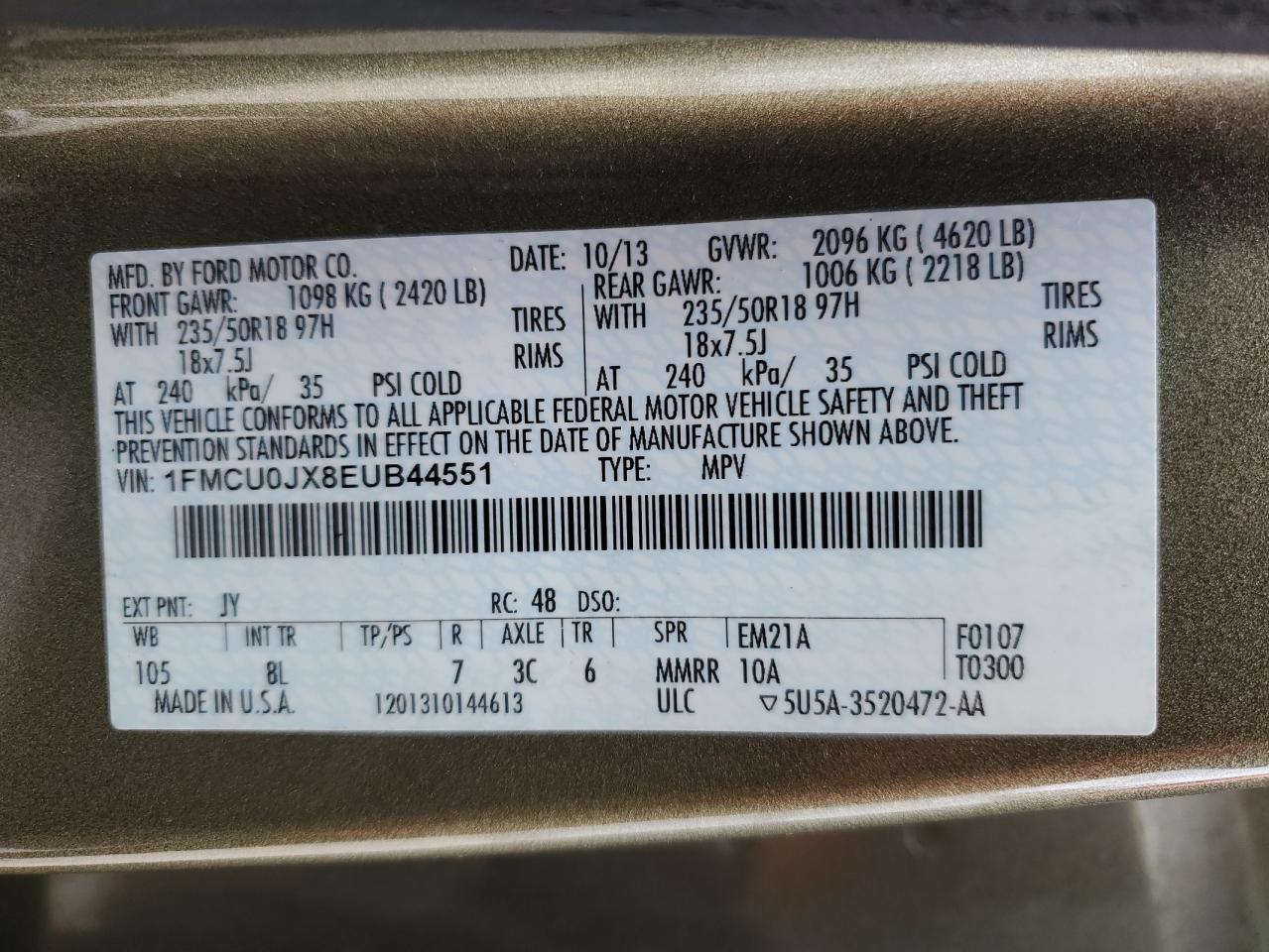 2014 Ford Escape Titanium VIN: 1FMCU0JX8EUB44551 Lot: 82650545