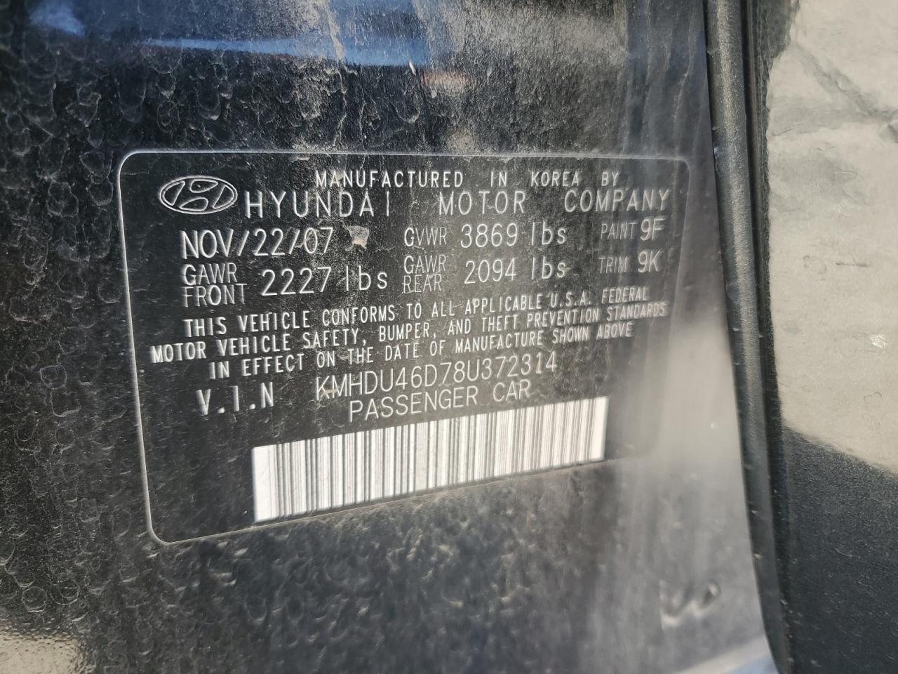 2008 Hyundai Elantra Gls VIN: KMHDU46D78U372314 Lot: 85083085