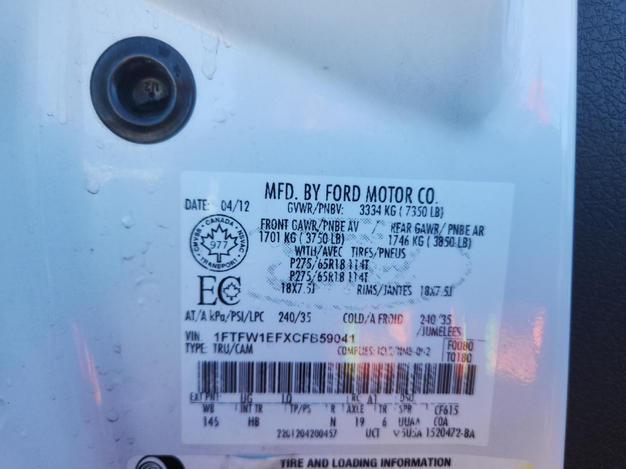 2012 Ford F150 Supercrew VIN: 1FTFW1EFXCFB59041 Lot: 89894335