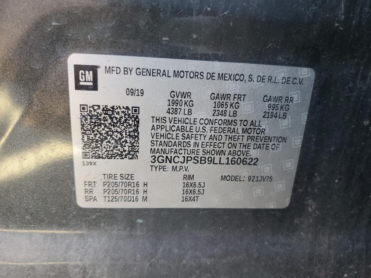 2020 Chevrolet Trax 1Lt VIN: 3GNCJPSB9LL160622 Lot: 84992015