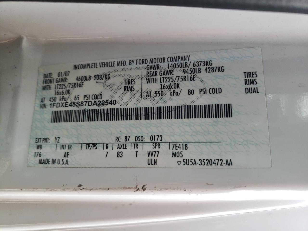 2007 Ford E450 Delivery Truck VIN: 1FDXE45S87DA22540 Lot: 86776905