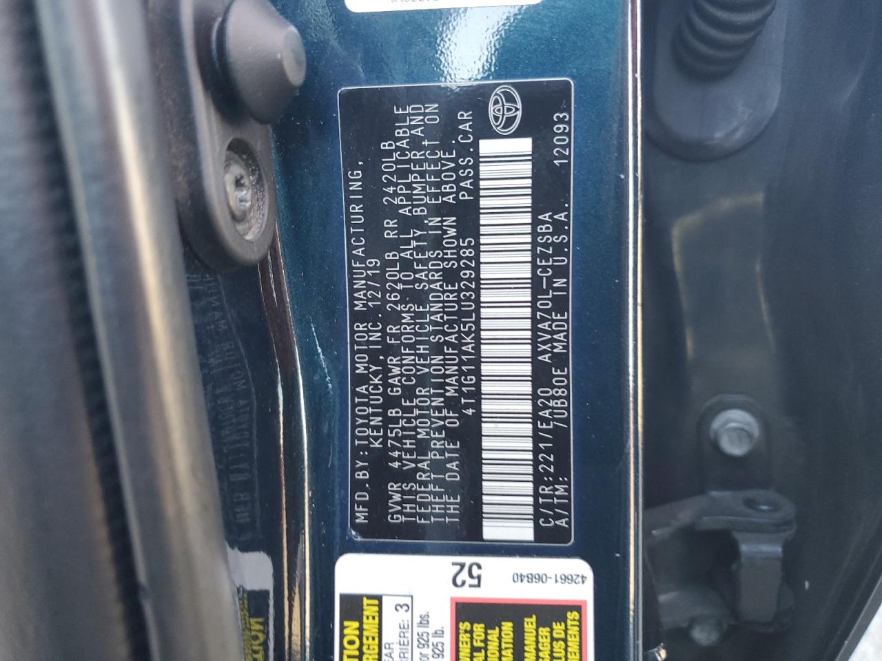 2020 Toyota Camry Se VIN: 4T1G11AK5LU329285 Lot: 82239885