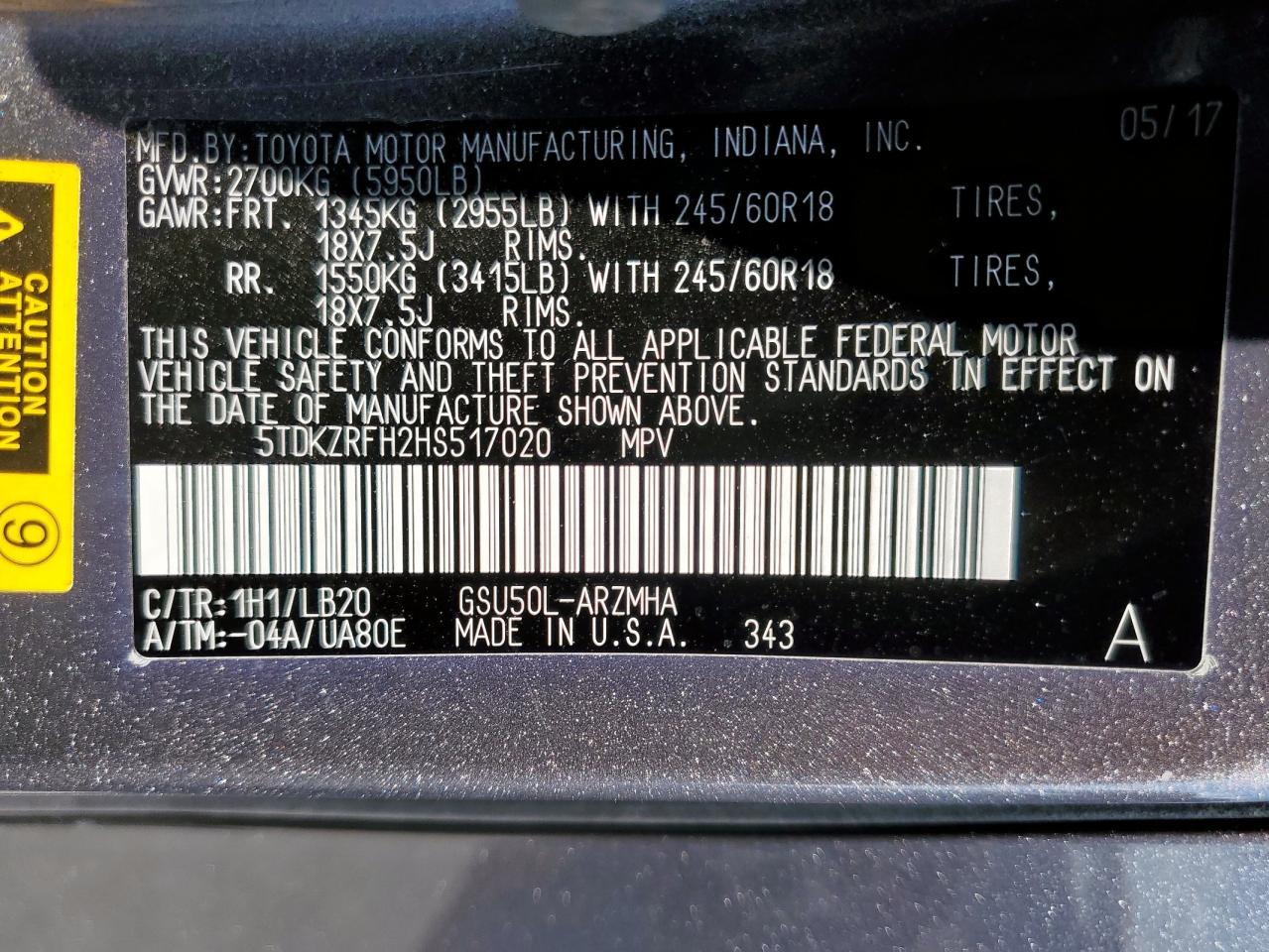 2017 Toyota Highlander Se VIN: 5TDKZRFH2HS517020 Lot: 85599145