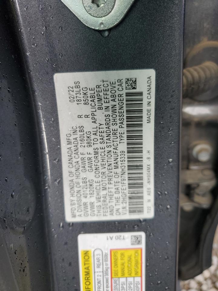 2022 Honda Civic Touring VIN: 2HGFE1F97NH315339 Lot: 84471985