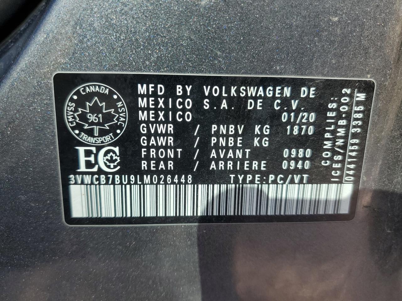 2020 Volkswagen Jetta S VIN: 3VWCB7BU9LM026448 Lot: 84484675