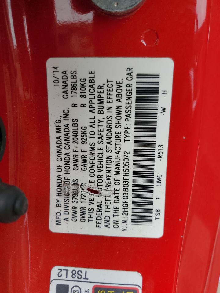 2015 Honda Civic Exl VIN: 2HGFG3B03FH505072 Lot: 85892755