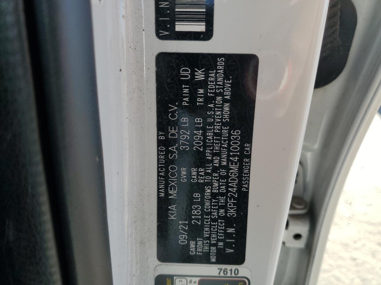 2021 Kia Forte Fe VIN: 3KPF24AD6ME410036 Lot: 92451185