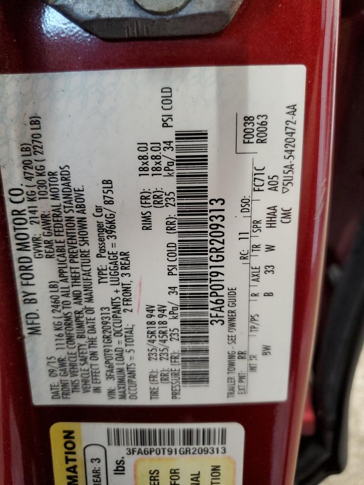 2016 Ford Fusion Se VIN: 3FA6P0T91GR209313 Lot: 91155725