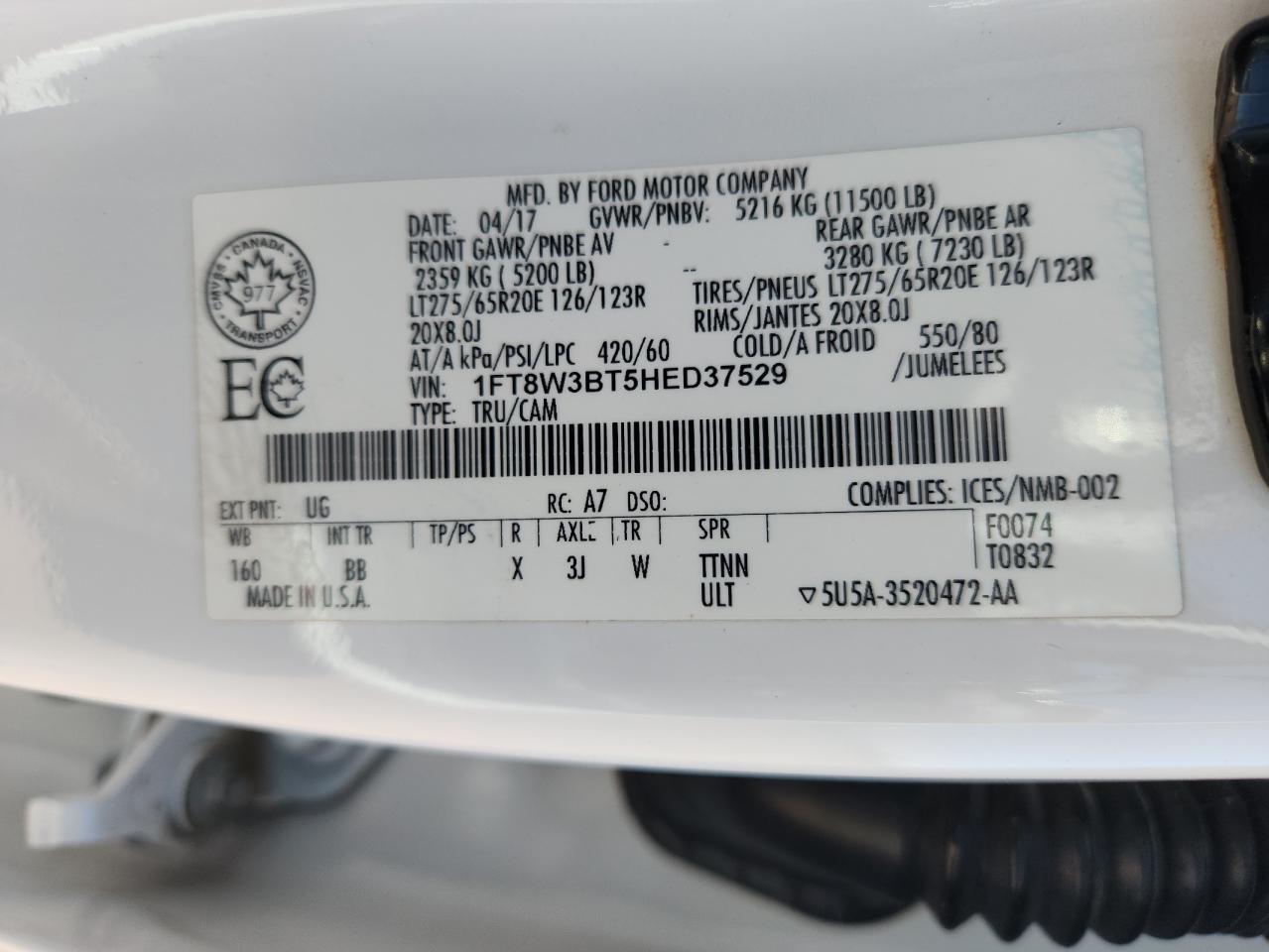 2017 Ford F350 Super Duty VIN: 1FT8W3BT5HED37529 Lot: 85173745