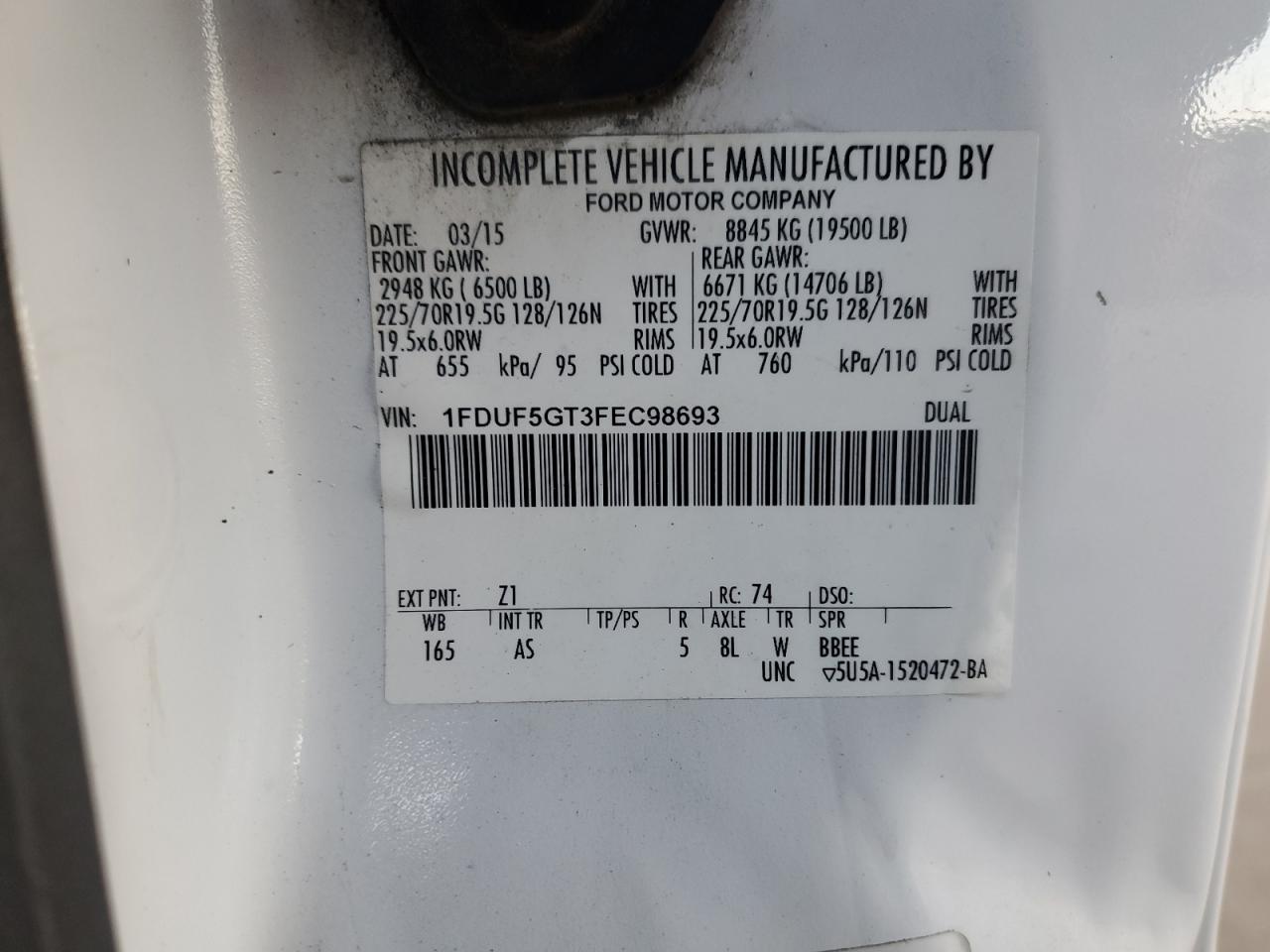 2015 Ford F550 Super VIN: 1FDUF5GT3FEC98693 Lot: 86543635