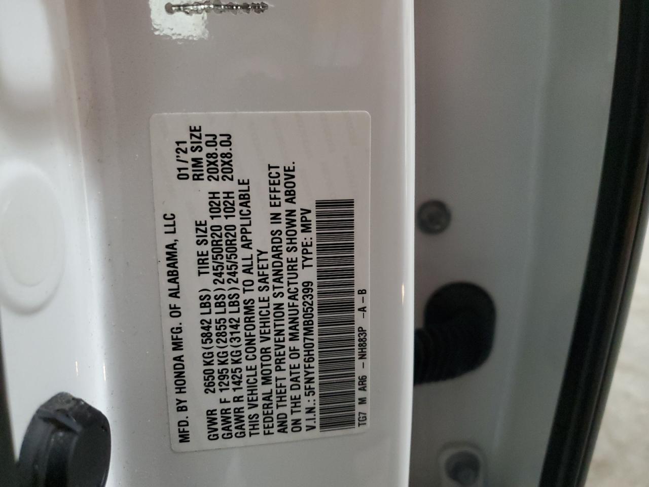 2021 Honda Pilot Elite VIN: 5FNYF6H07MB052399 Lot: 90909035