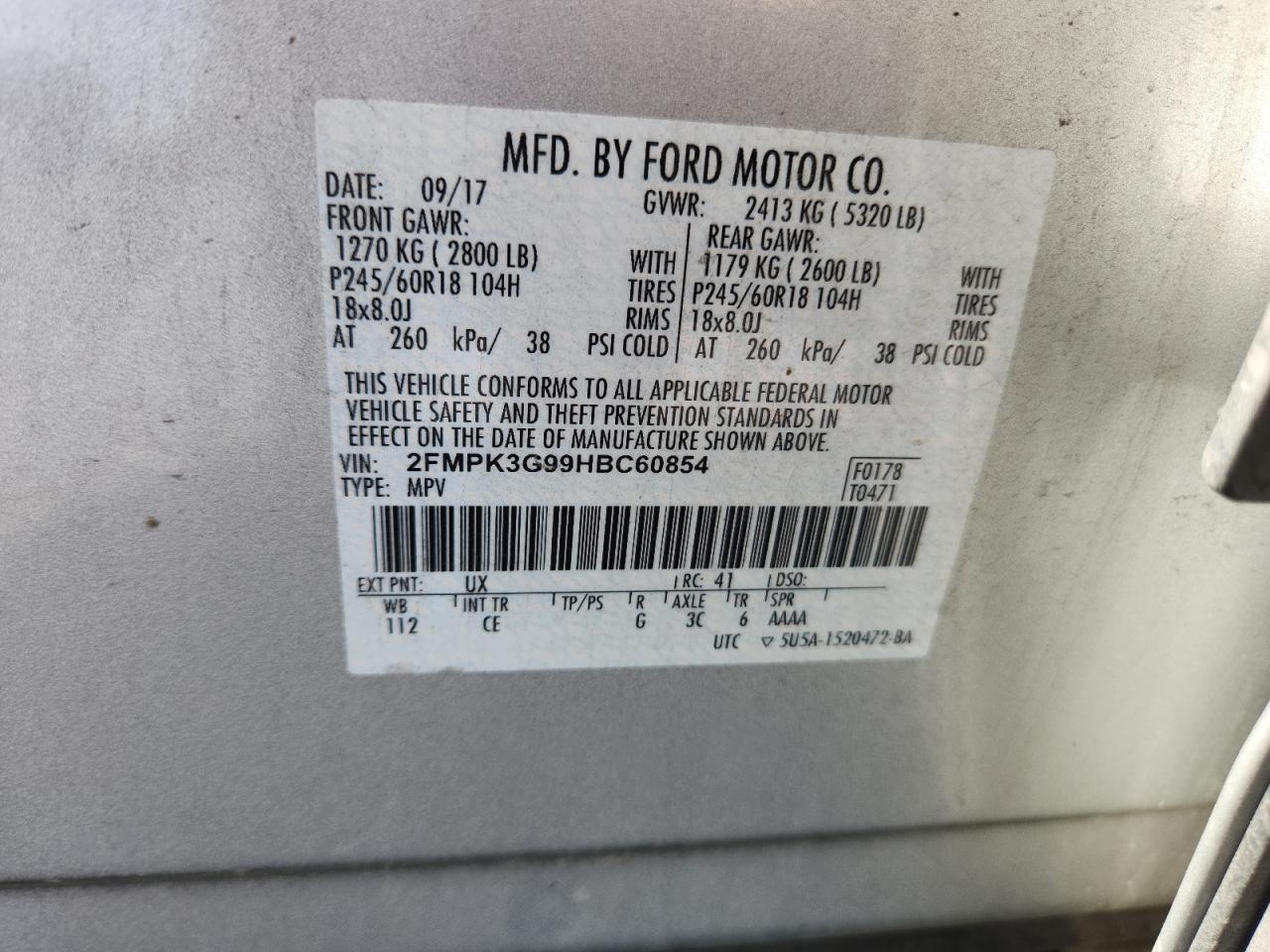 2017 Ford Edge Se VIN: 2FMPK3G99HBC60854 Lot: 82373935