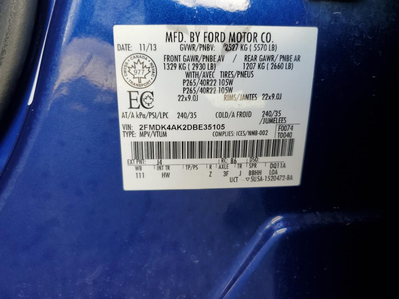 2013 Ford Edge Sport VIN: 2FMDK4AK2DBE35105 Lot: 86251435