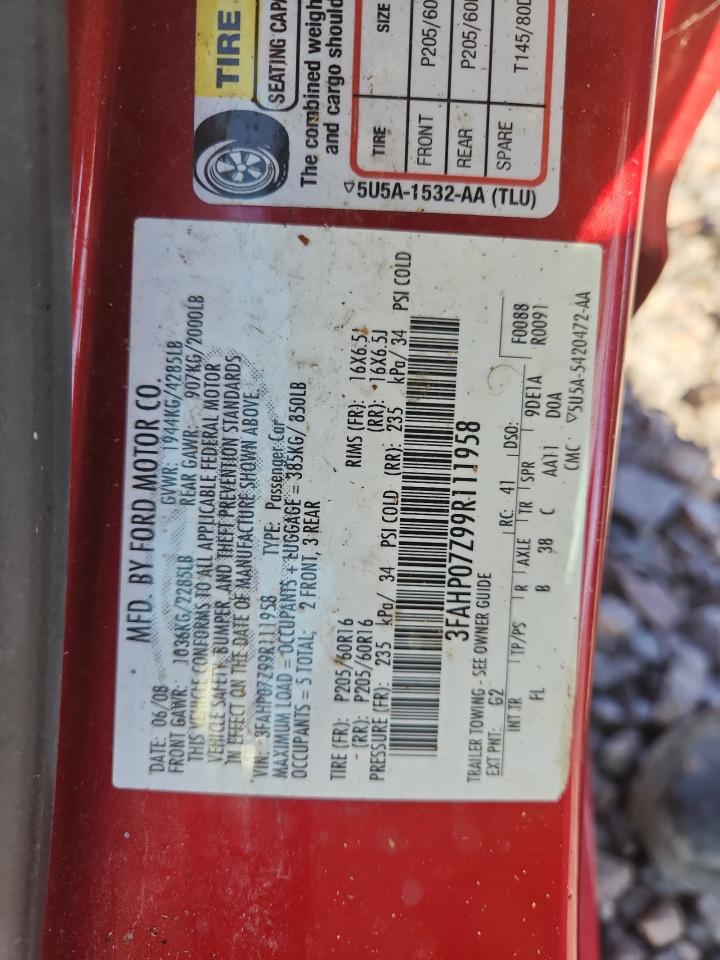 2009 Ford Fusion Se VIN: 3FAHP07Z99R111958 Lot: 82372945