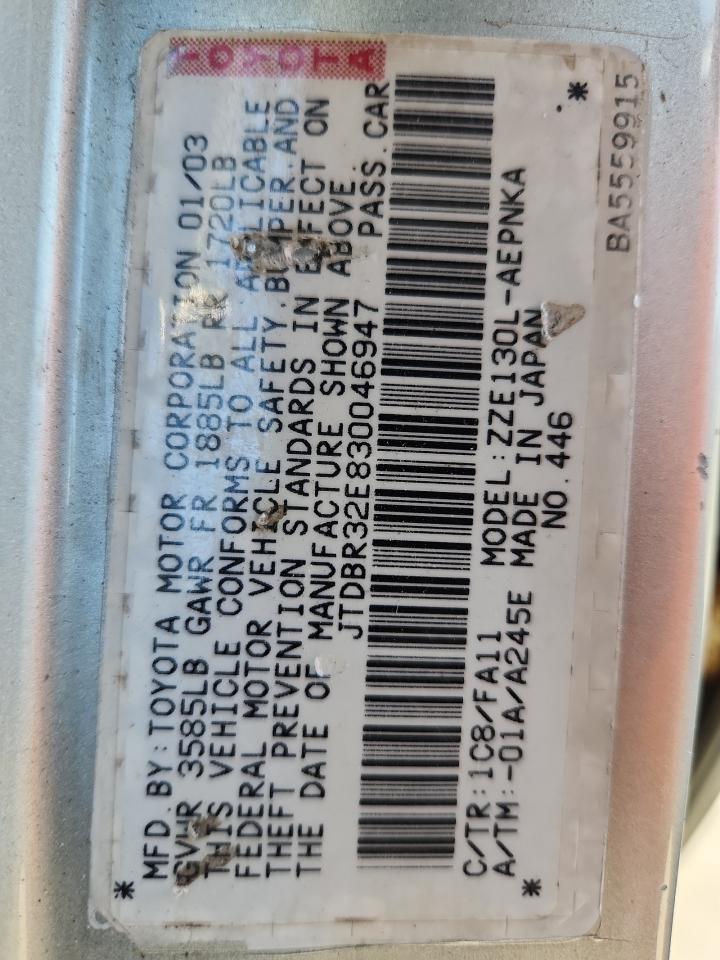 2003 Toyota Corolla Ce VIN: JTDBR32E830046947 Lot: 82665565