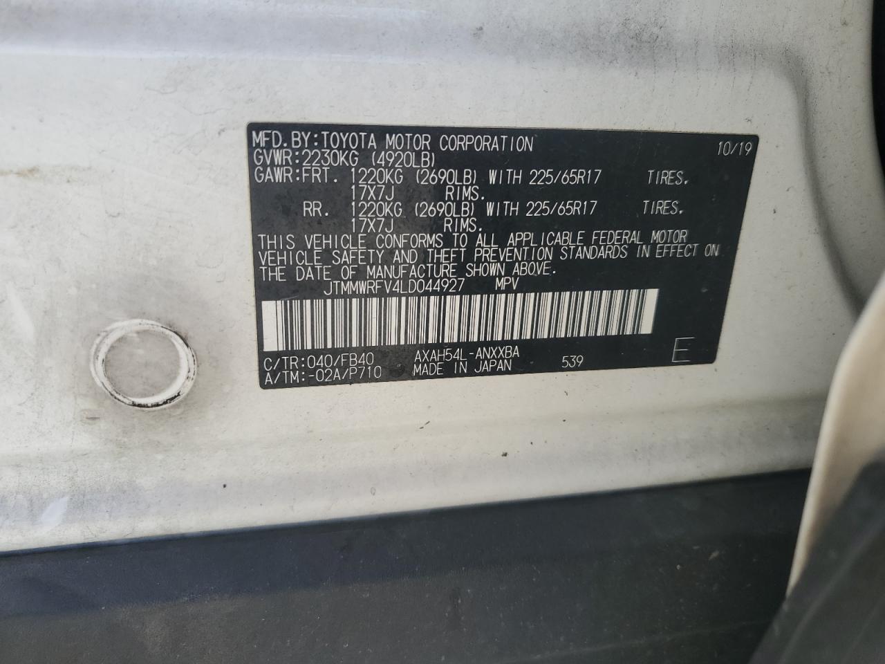 2020 Toyota Rav4 Le VIN: JTMMWRFV4LD044927 Lot: 85378295