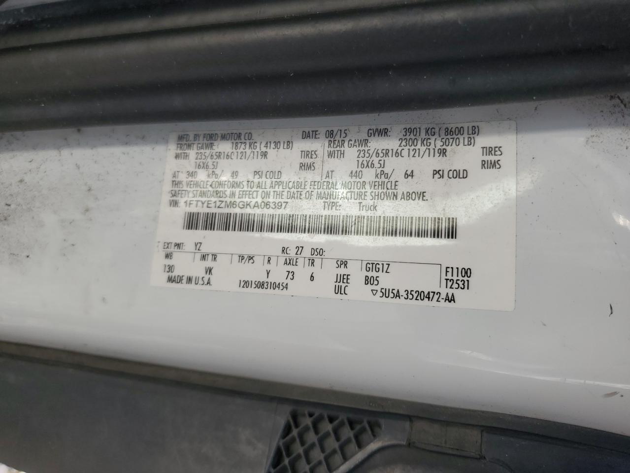 2016 Ford Transit Delivery Van VIN: 1FTYE1ZM6GKA06397 Lot: 87089625