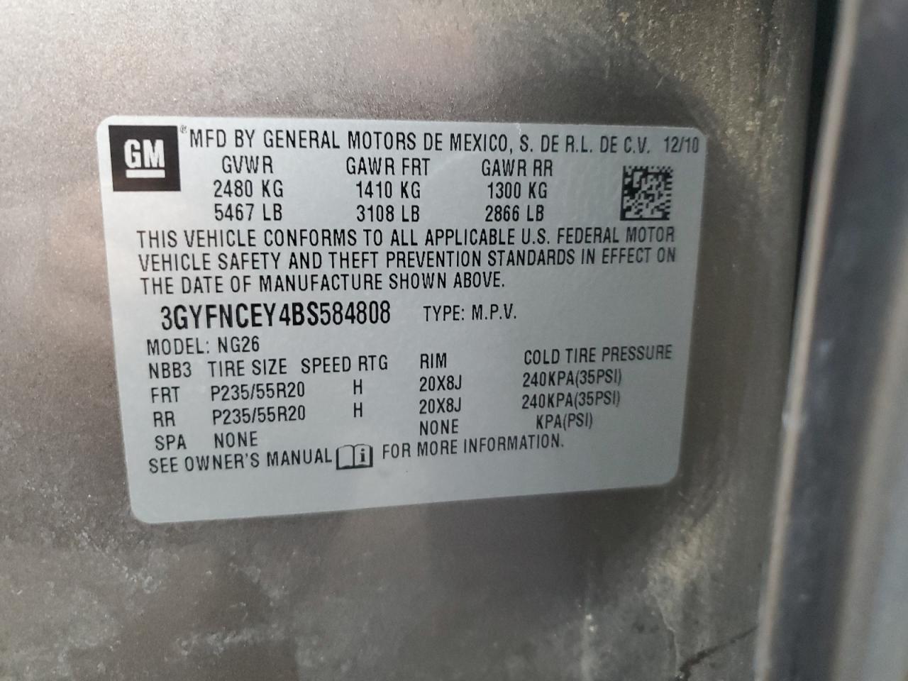 2011 Cadillac Srx Premium Collection VIN: 3GYFNCEY4BS584808 Lot: 86340055