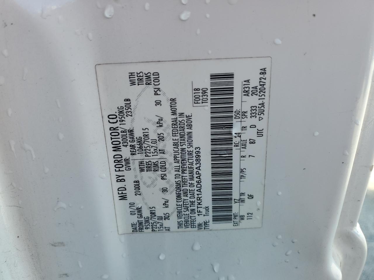 2010 Ford Ranger VIN: 1FTKR1AD6APA38993 Lot: 85828735