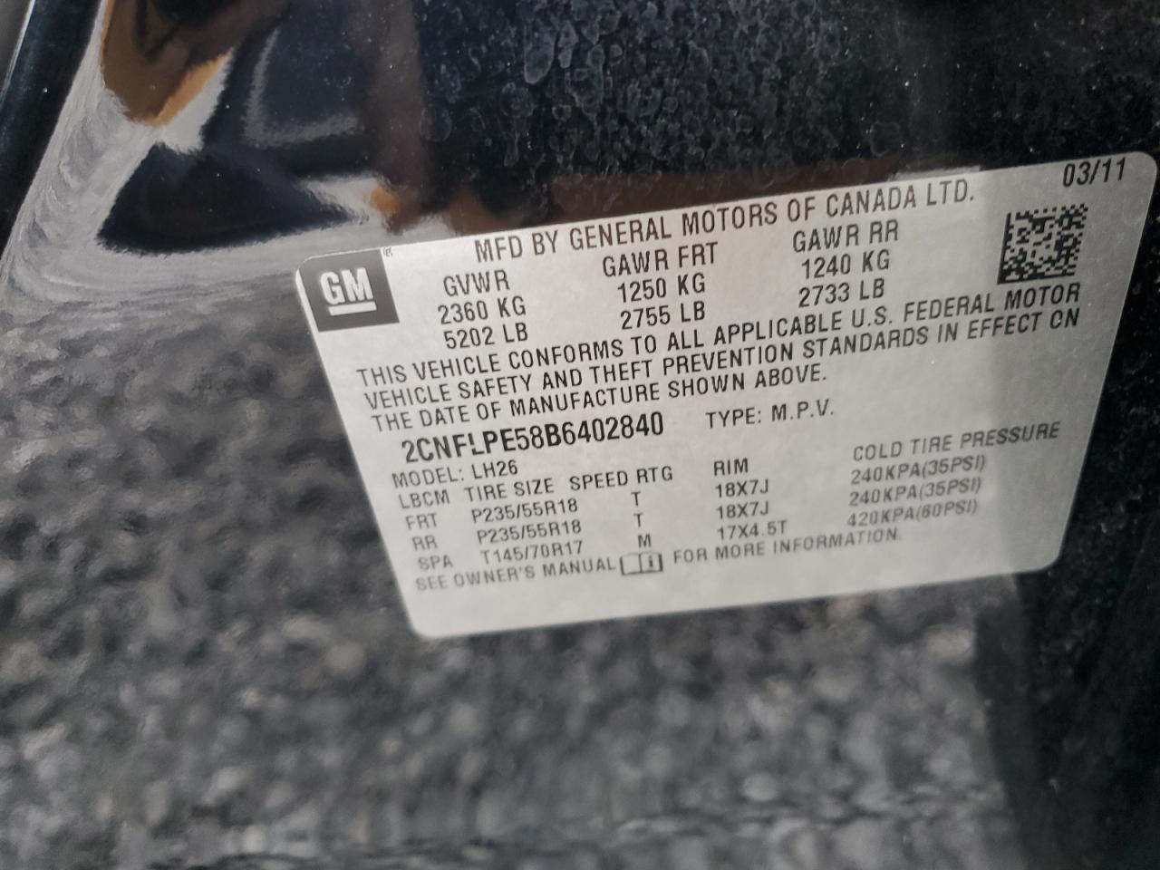 2011 Chevrolet Equinox Lt VIN: 2CNFLPE58B6402840 Lot: 85700015