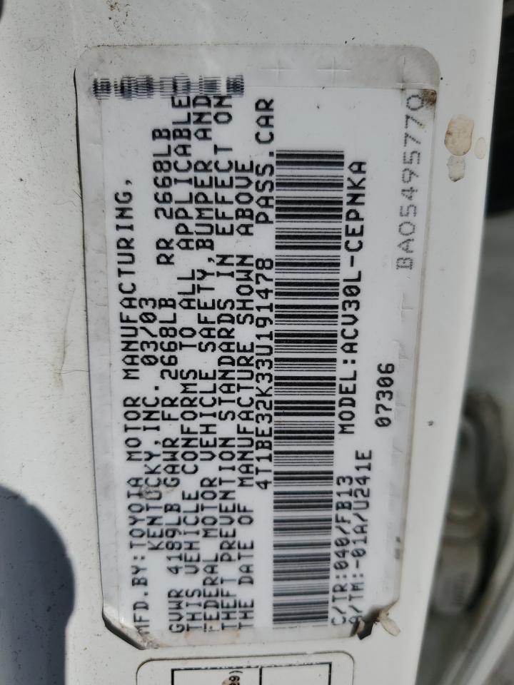 2003 Toyota Camry Le VIN: 4T1BE32K33U191478 Lot: 94662705