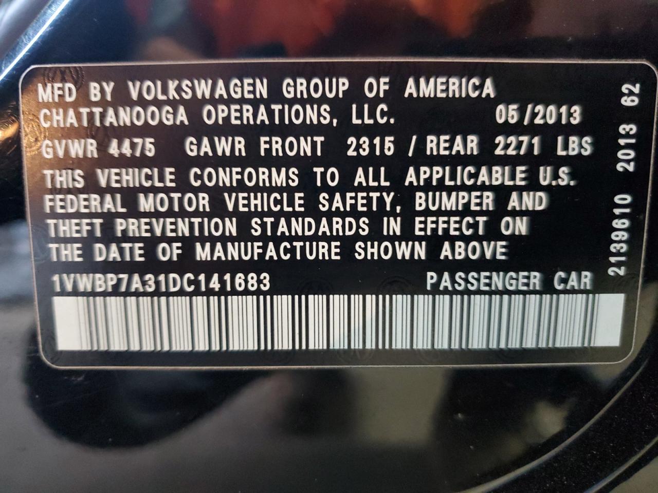 2013 Volkswagen Passat Se VIN: 1VWBP7A31DC141683 Lot: 85543645