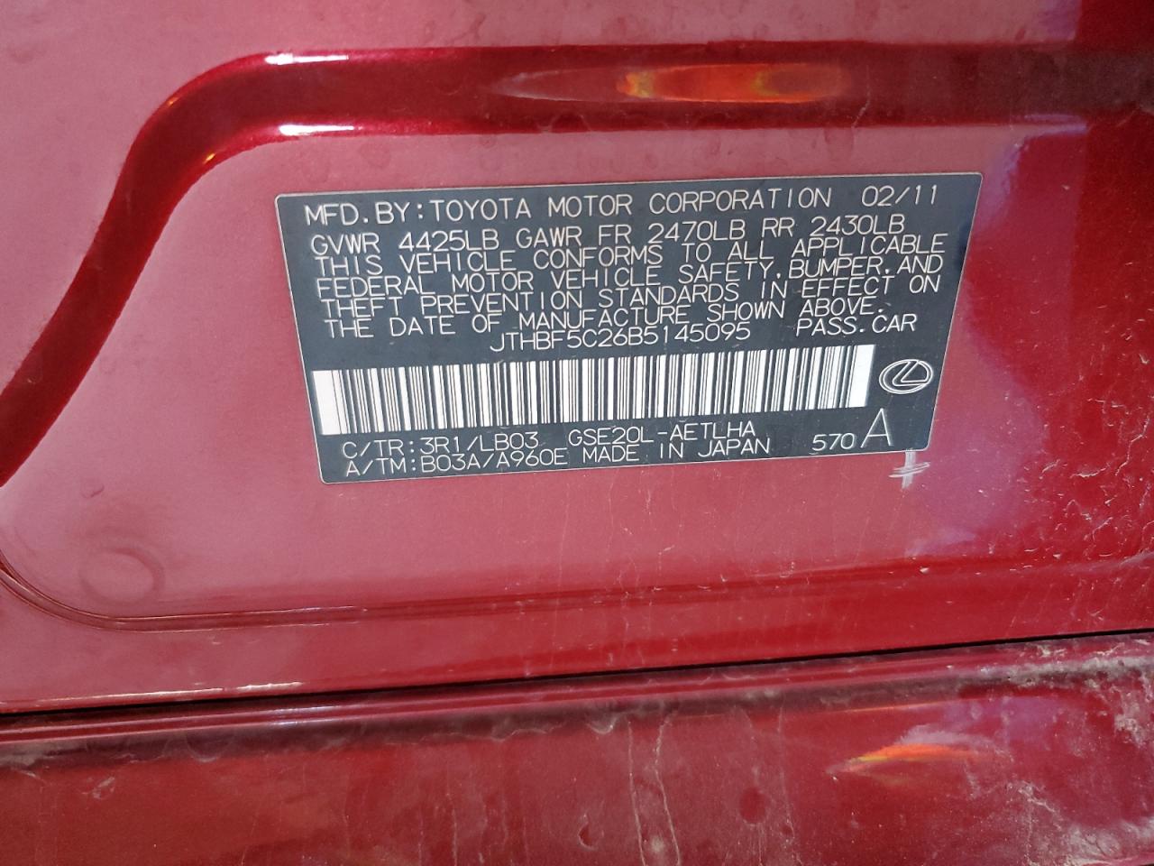 2011 Lexus Is 250 VIN: JTHBF5C26B5145095 Lot: 85890315