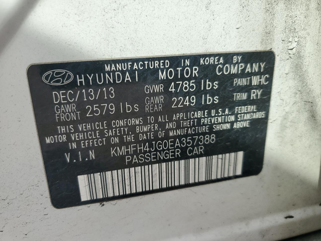 2014 Hyundai Azera Gls VIN: KMHFH4JG0EA357388 Lot: 82293895