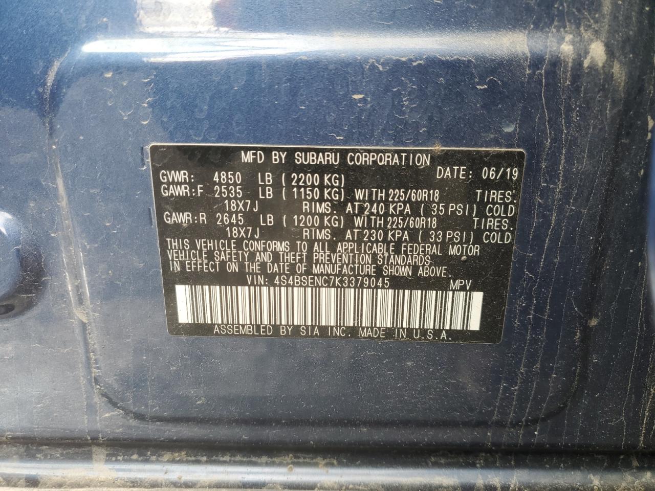 2019 Subaru Outback 3.6R Limited VIN: 4S4BSENC7K3379045 Lot: 85910405