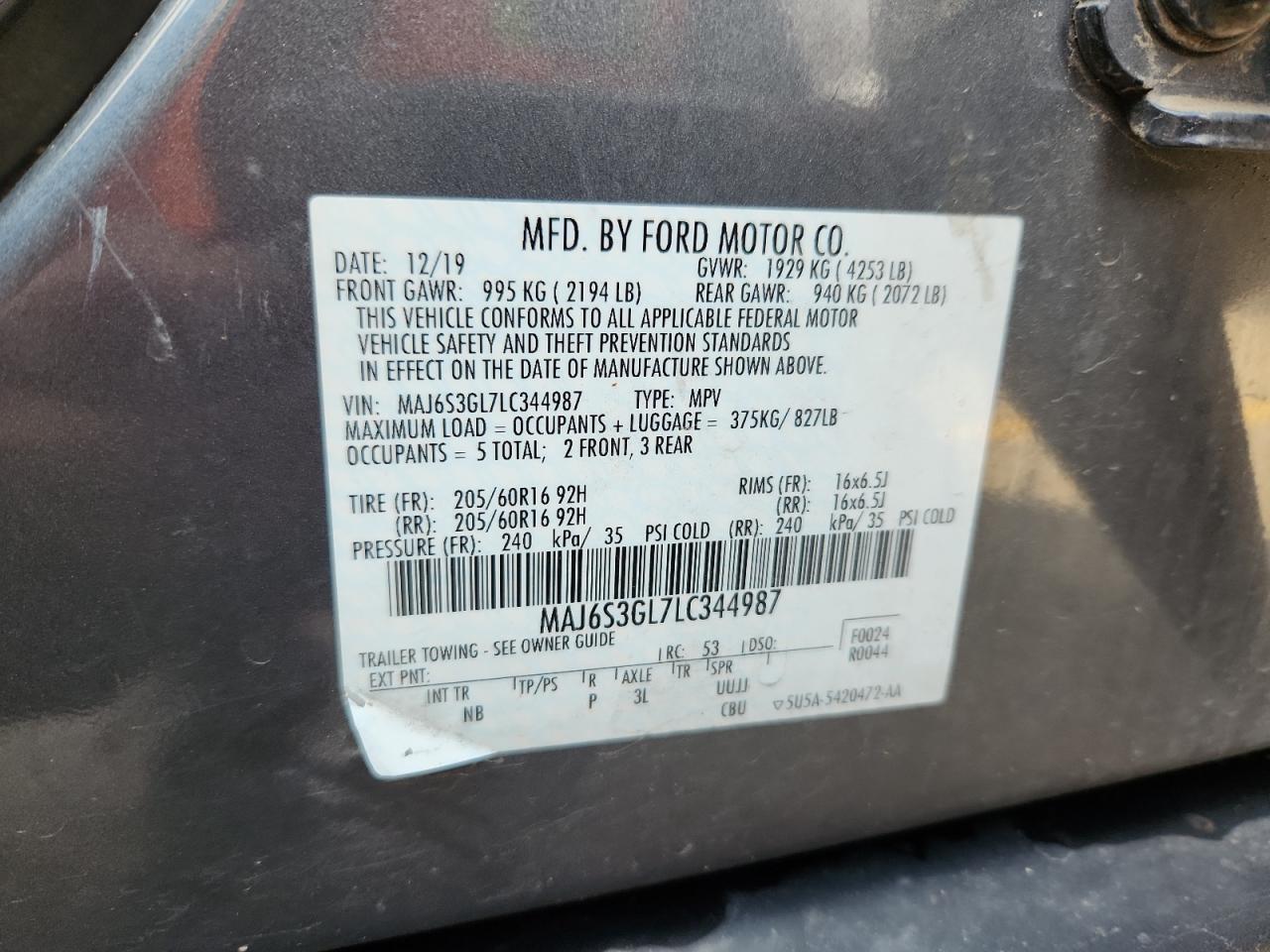 2020 Ford Ecosport Se VIN: MAJ6S3GL7LC344987 Lot: 90198475