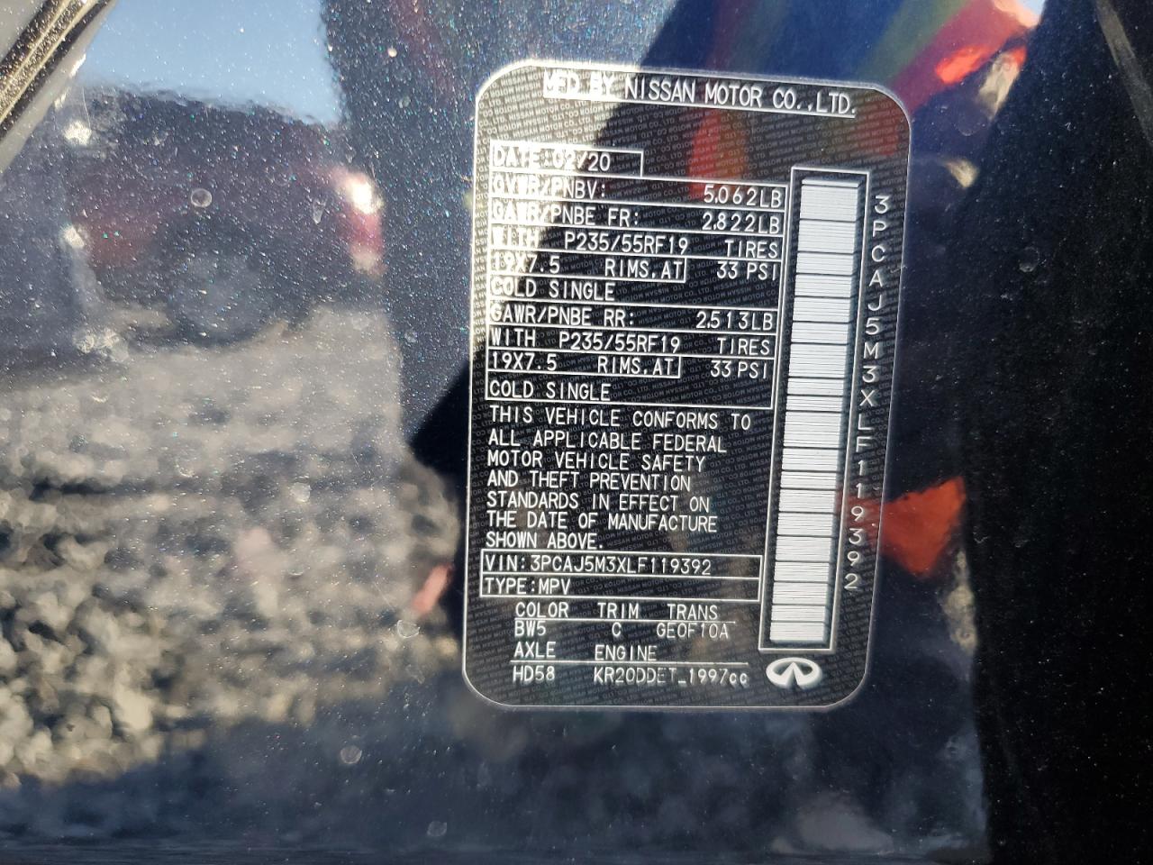 2020 Infiniti Qx50 Pure VIN: 3PCAJ5M3XLF119392 Lot: 82548615