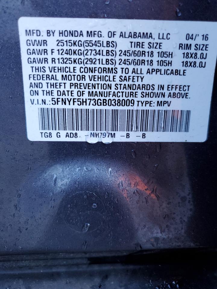 2016 Honda Pilot Exln VIN: 5FNYF5H73GB038009 Lot: 86253735