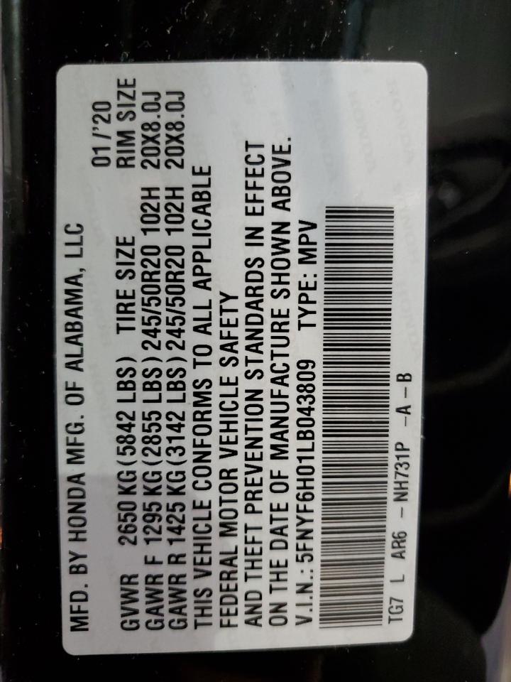 2020 Honda Pilot Elite VIN: 5FNYF6H01LB043809 Lot: 82392025