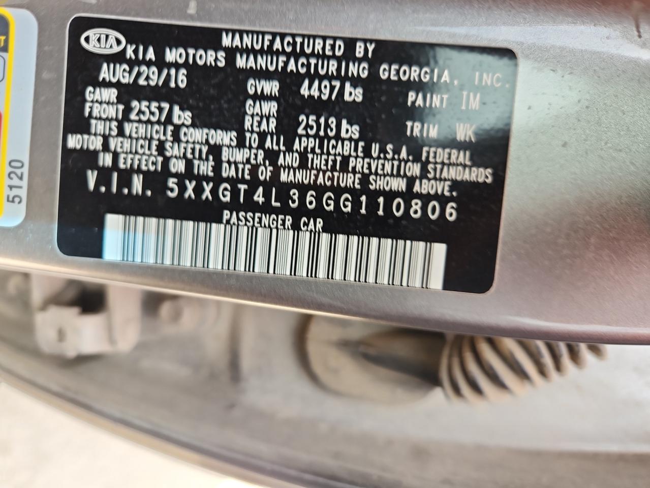 2016 Kia Optima Lx VIN: 5XXGT4L36GG110806 Lot: 84952655