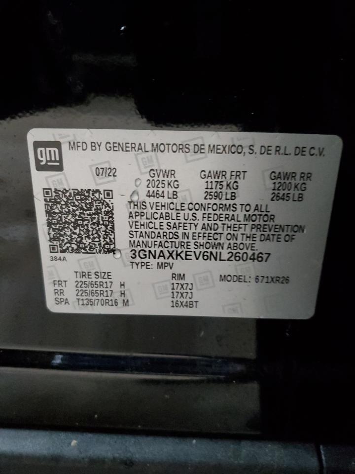 2022 Chevrolet Equinox Lt VIN: 3GNAXKEV6NL260467 Lot: 86070125