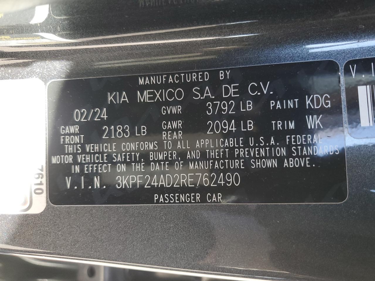 2024 Kia Forte Lx VIN: 3KPF24AD2RE762490 Lot: 84629665