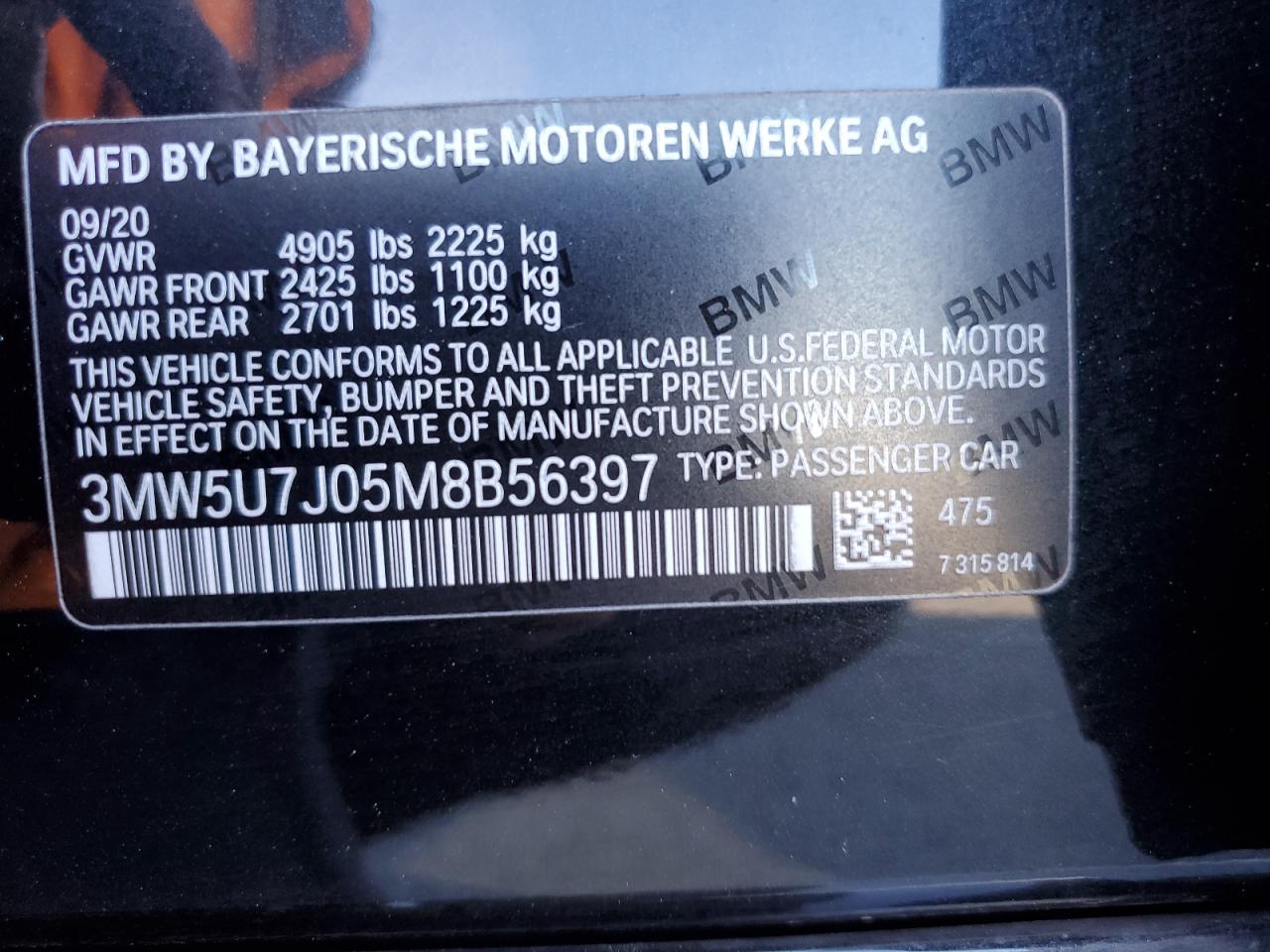 2021 BMW M340I VIN: 3MW5U7J05M8B56397 Lot: 82751815