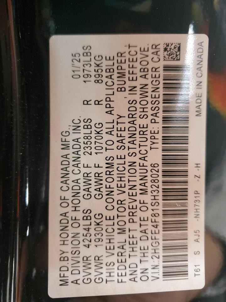 2025 Honda Civic Sport VIN: 2HGFE4F81SH328026 Lot: 82419555