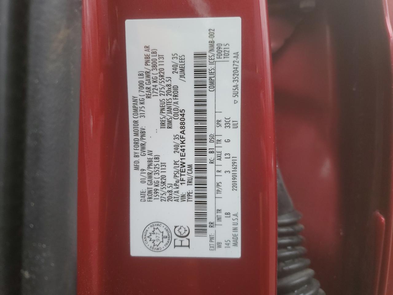 2019 Ford F150 Supercrew VIN: 1FTEW1E41KFA88045 Lot: 90836275