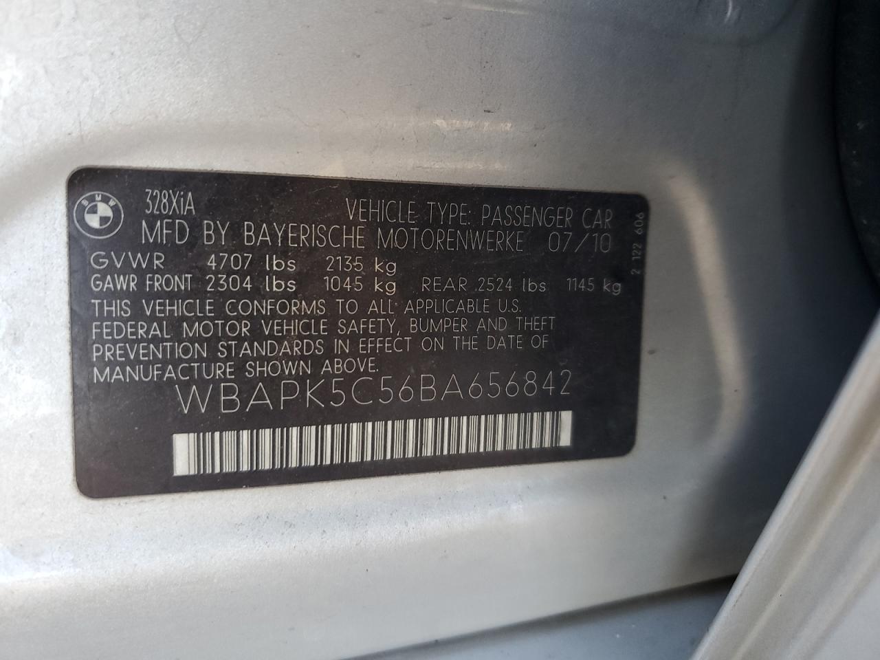 2011 BMW 328 Xi Sulev VIN: WBAPK5C56BA656842 Lot: 82215335