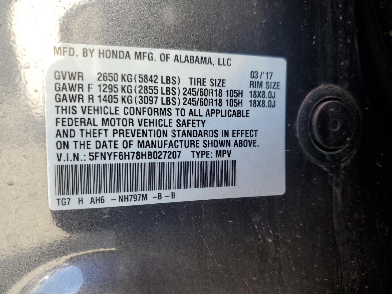 2017 Honda Pilot Exln VIN: 5FNYF6H78HB027207 Lot: 90385975