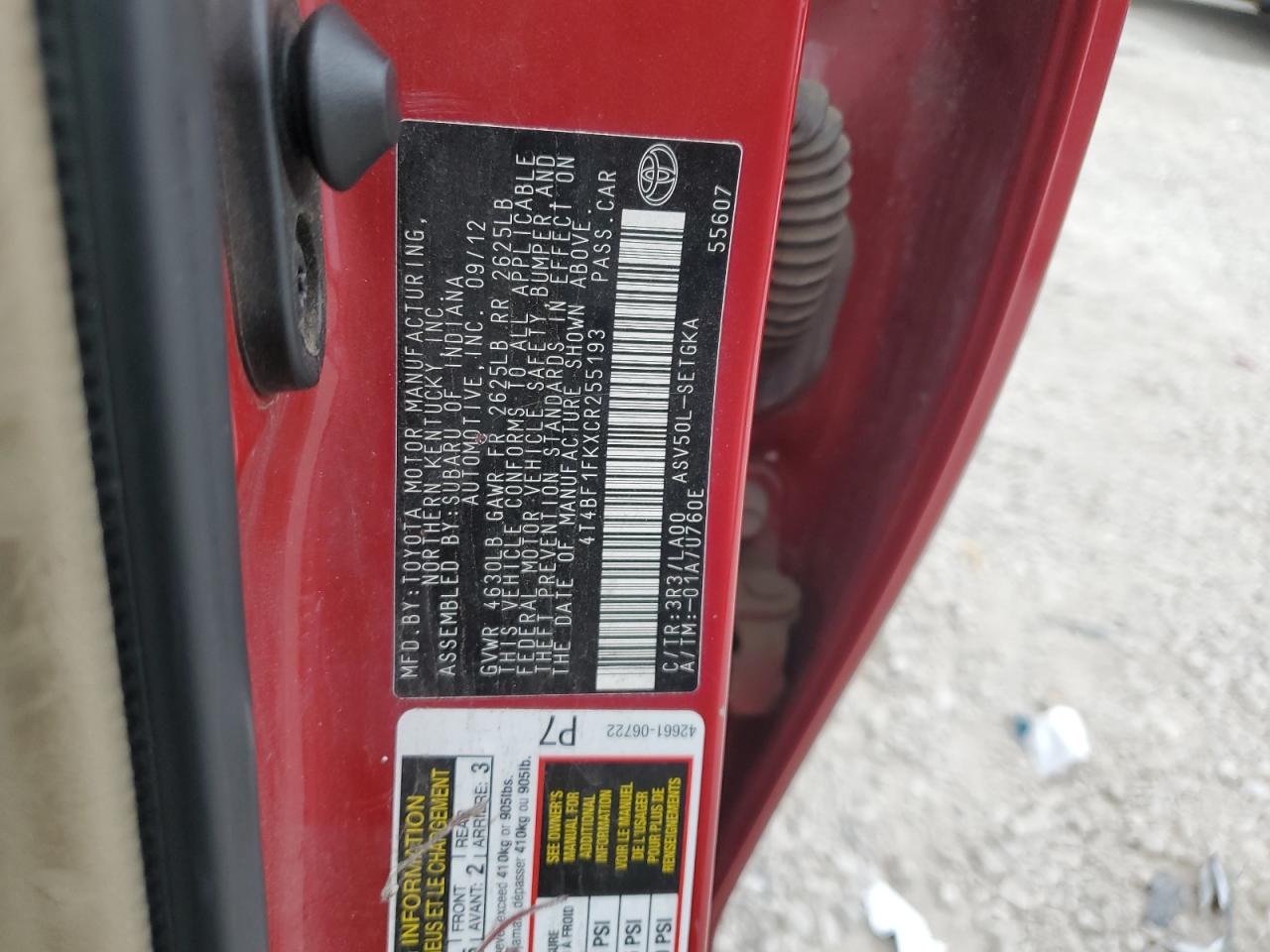 2012 Toyota Camry Base VIN: 4T4BF1FKXCR255193 Lot: 86505245