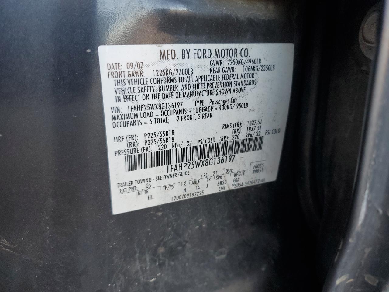 2008 Ford Taurus Limited VIN: 1FAHP25WX8G136197 Lot: 89683285