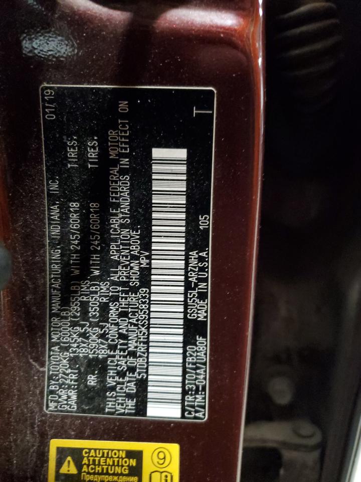 2019 Toyota Highlander Le VIN: 5TDBZRFH5KS958339 Lot: 90038945